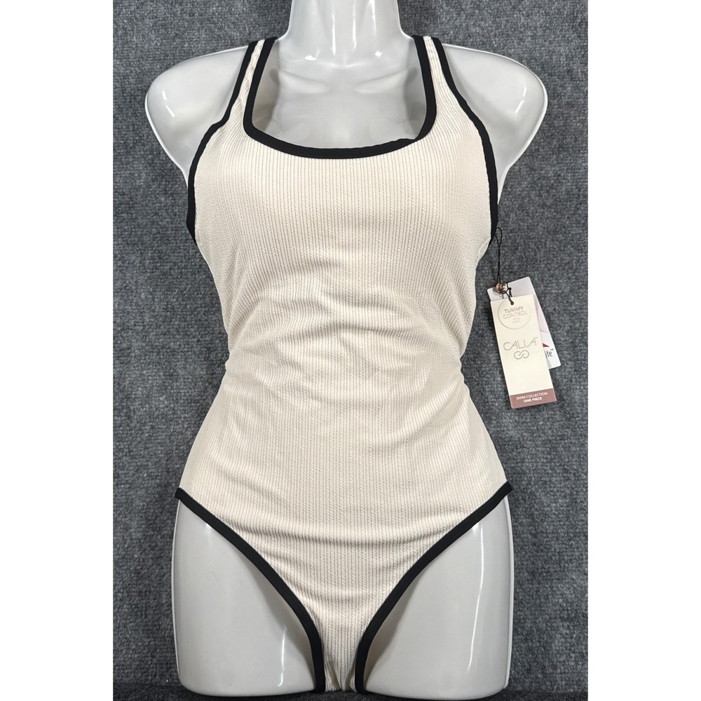 Calia Womens Size 8 Ivory Black Trim Ribbed One Piece Tummy Control Swimsuit NWT